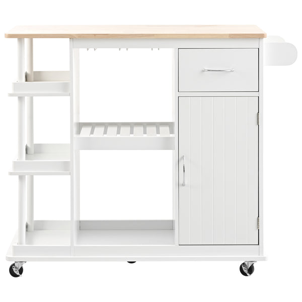 SUMARBAO Kitchen Cart Cabinet with Adjustable Storage Shelves Rubber Wood Top with 5 Wheels