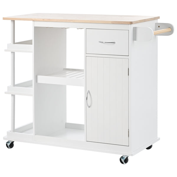 SUMARBAO Kitchen Cart Cabinet with Adjustable Storage Shelves Rubber Wood Top with 5 Wheels
