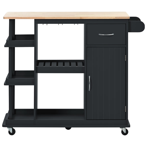 SUMARBAO Kitchen Cart Cabinet with Adjustable Storage Shelves Rubber Wood Top with 5 Wheels