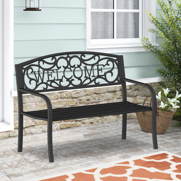 Odaof Patio Outdoor Anti-Rust Iron Steel Garden Bench for Porch Path Yard