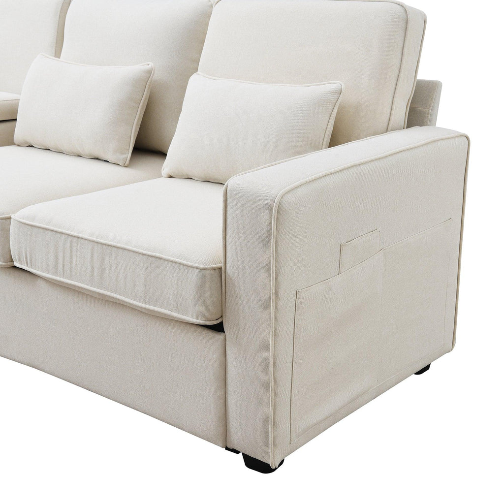 Odaof Modern Linen Fabric Sofa with Armrest Pockets and 4 Pillows | BCBYou