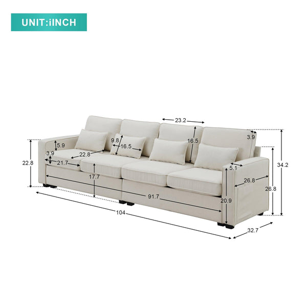 Modern Linen Fabric Sofa with Armrest Pockets and 4 Pillows - RaDEWAY