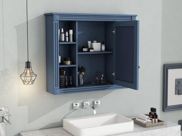 35'' x 28'' Royal Blue Wall Mounted Bathroom Wall Cabinet with Mirror 6 Open Shelves - RaDEWAY