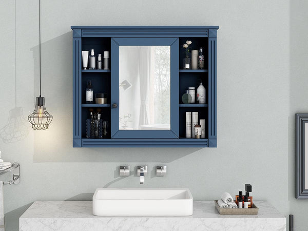 35'' x 28'' Royal Blue Wall Mounted Bathroom Wall Cabinet with Mirror 6 Open Shelves - RaDEWAY