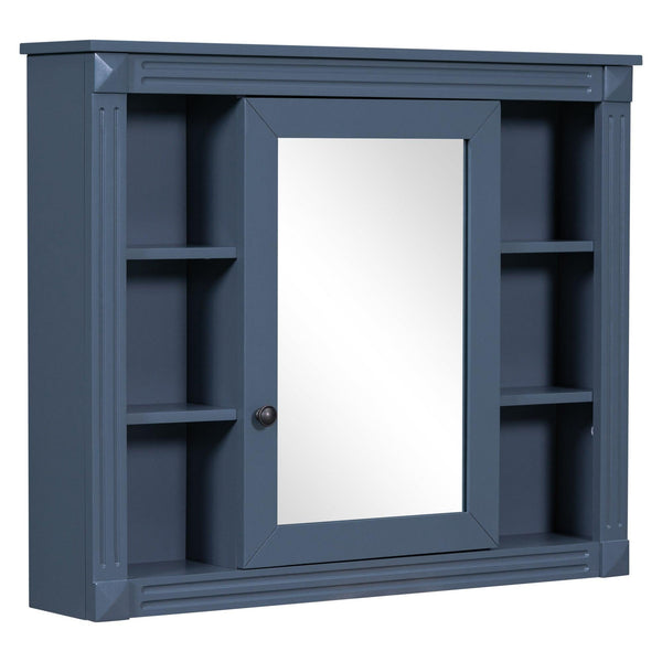 35'' x 28'' Royal Blue Wall Mounted Bathroom Wall Cabinet with Mirror 6 Open Shelves - RaDEWAY