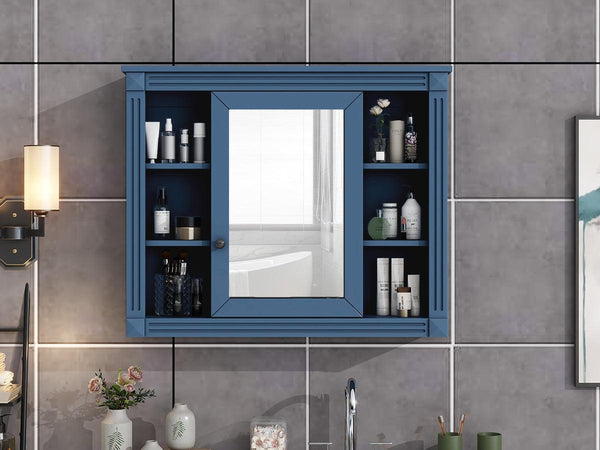 35'' x 28'' Royal Blue Wall Mounted Bathroom Wall Cabinet with Mirror 6 Open Shelves - RaDEWAY