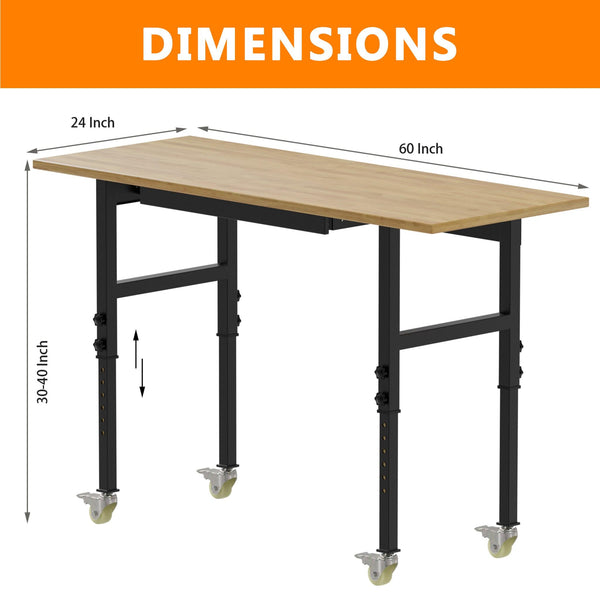Adjustable Height Oak Workbench With Sockets with 4 Wheels for Garage - RaDEWAY