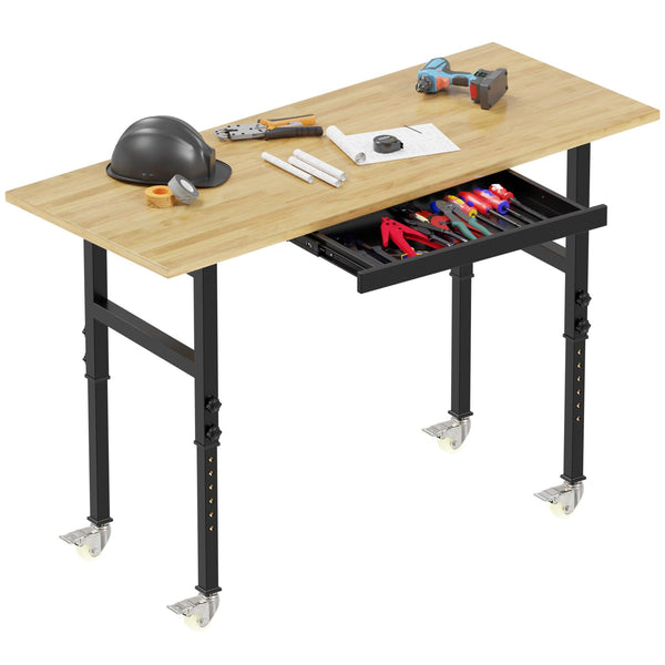 Adjustable Height Oak Workbench With Sockets with 4 Wheels for Garage - RaDEWAY
