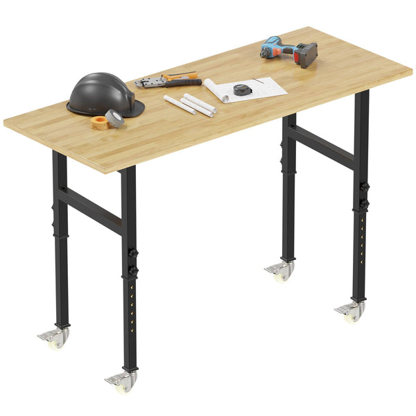 Adjustable Height Oak Workbench With Sockets with 4 Wheels for Garage - RaDEWAY