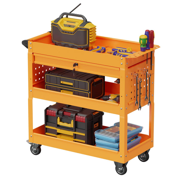 3 Tiers Tooling Box Truck on Wheels with Drawer for Garage Repair Shop - RaDEWAY