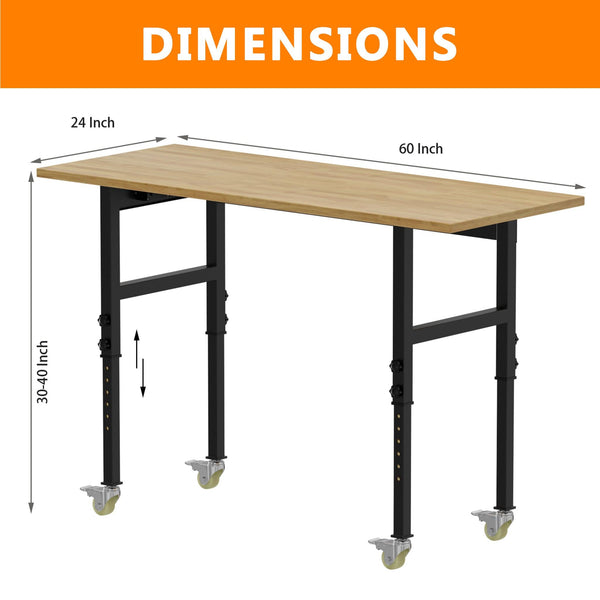 Adjustable Height Oak Workbench With Sockets with 4 Wheels for Garage - RaDEWAY