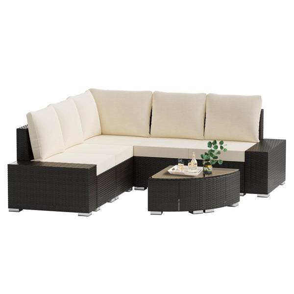 6 Pieces Outdoor Sectional Sets with Cotton Cushions and Glass Coffee Table - RaDEWAY