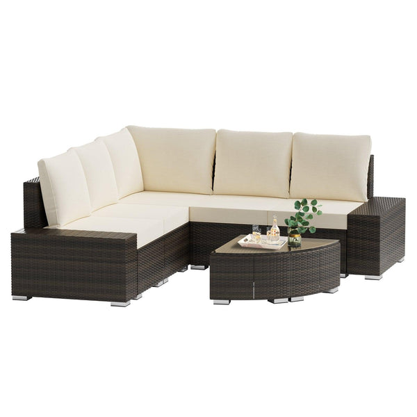 6 Pieces Outdoor Sectional Sets with Cotton Cushions and Glass Coffee Table - RaDEWAY